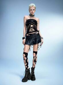 Sugerpunk 女款性感亮面皮革復古粗跟靴子，龐克風金屬鍊條側拉鍊綁帶靴，厚底鞋底，機能女鞋哥德式扣環短靴 - 黑色 - 查看 6