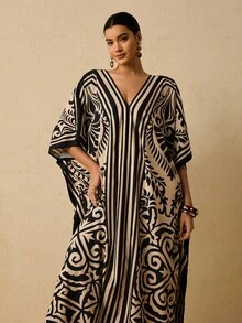 Travachic Vestido Vintage Colorblock Solto Versátil de Decote em V Plus Size