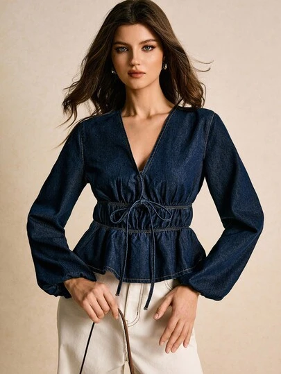 Poéselle Women's Autumn Tie Front Lantern Sleeve Ruched Denim Blouse Navy Blue Blouse Women Denim Tops Jean Top For Women Peplum Tops For Women Cinched Waist Top Cardigan Long Sleeve Shirt Winter Dark Blue Top Peplum Blouse