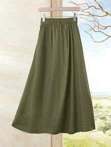 SHEIN LUNE 女士纯色打结装饰休闲百搭亚麻半身裙，舒适秋冬夏季新年款 - 軍綠色 - 查看 2