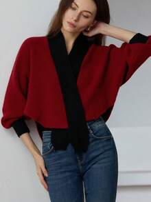 GENKIRA Elegant Contrast Color Casual Vintage Batwing Sleeve Cardigan - Red - View 5