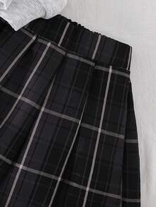 SHEIN Girls Fashionable Loose Casual Collared Top + Striped Plaid Versatile A-Line Skirt, School Style