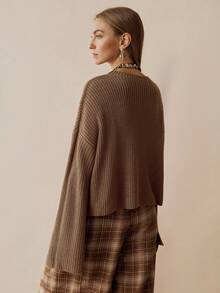 Florisole Women's Vintage Bohemian Ribbed Knit Minimalist Sweater, Autumn/Winter - Khaki - View 2