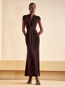 Zivah Solid Ruched Draped Maxi Dress Burgundy - Coffee Brown - View 4