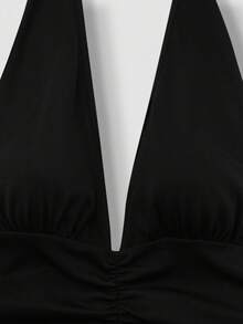 Sweetra 大码纯色露背吊带腰喇叭裙 - 黑色 - 查看 4