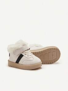 Cozy Pixies 1 Pair Kids Beige Fashion Classic Plush Warm Winter Shoes, Lightweight Easy Wear Hook And Loop Flat Comfortable Casual Suitable For Daily Outings, Sports, Campus Activities - Beige - View 10