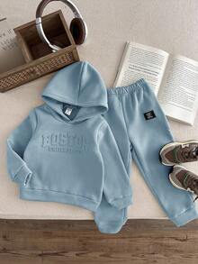 2pcs/Set Young Boy Casual Korean Style Loose Fit Letter Graphic Hoodie Sweatshirt And Elastic Waist Pants Set, Suitable For Autumn, Spring, Outdoor Play, School, Street Style, Party And Leisure,Thanksgiving,Christmas,Winter,Winter Clothes,Cozy Fall & Winter Styles,Hoodie - Baby Blue - View 4