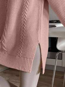 EURMUSE Cable Pattern Mock Neck Raglan Sleeves Mini Sweater Dress - Pink - View 7