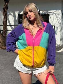 Muchica Cazadora de color combinado de hombros caídos cremallera - Multicolor - Ver 6