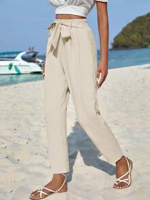 EURMUSE Solid Belted Tapered Trousers - Apricot - View 4