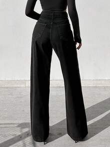 SHEIN Tall 100%Cotton High Waist Slant Pocket Casual Wide Leg Jeans Black Pants Suit Women - Black - View 4