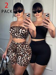 SHEIN SXY Plus Size Women's Basic Solid Casual 2pcs/Set Leopard Print And Solid Color Multipacks Tube Top And Shorts Set,Suitable For Hip-Hop,Leisure,Street Style,Western Wear,Music Festival,Vintage,Minimalism,Concert,Carnival Party,Resort,Outing,Vacation,Holiday,Date Night,Gathering,Birthday,Bachelorette Party Outfit ,Gyaru,Break,Rave,Modest,Chic,Club,Cute,Casul,Shopping, Streetwear,Going Out,Y2K,Y3K,Coquette,Easy To Match&Looks Slim,Accent Your Body,Flatter The Figure