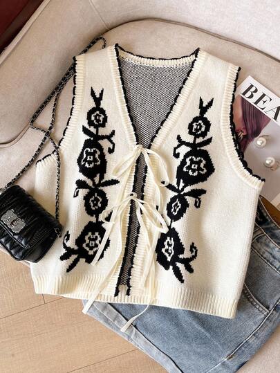 SHEIN Frenchy Chaleco de punto con estampado de flores jacquard blanco de estilo casual francés para mujer, otoño/invierno 2025. Cárdigan de punto casual con mangas con lazo y colores contrastantes bordados. Adecuado para uso diario, otoño y capas, nuevos llegados de otoño e invierno. Para uso diario y capas, vuelta al colegio, ropa de mujer de otoño, blusas bonitas, blusas para salir, atuendos de dinero viejo para mujer, casual de negocios para mujer, para todo el año, suéter navideño, atuendo de Acción de Gracias para mujer, suéter de Año Nuevo, suéter casual, suéter de otoño, suéter adecuado para fiesta, Halloween, Navidad, eventos festivos