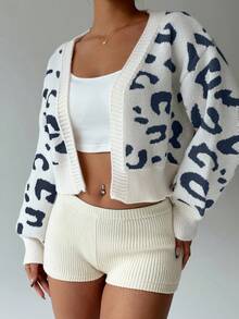 SHEIN Unity 女式豹纹落肩长袖短款宽松开衫，秋冬 - 彩色 - 查看 8