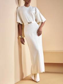 Zivah Elegant Autumn Women Off-White Sweater Dress,Tea Party Slim Fit Half-Sleeve Mid-Length Knit Dress With Metal Waist Decoration For Business Commuter - White - View 8