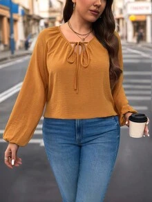 SHEIN LUNE Plus Size Casual Solid Color Lantern Sleeve Shirt For Autumn For New Year Clothes - Yellow - View 6