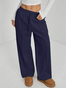 SHEIN PETITE Women's Fall Pebble Detail Straight-Leg Sweatpants,Fall,Fall Clothes For Women - Navy Blue - View 3