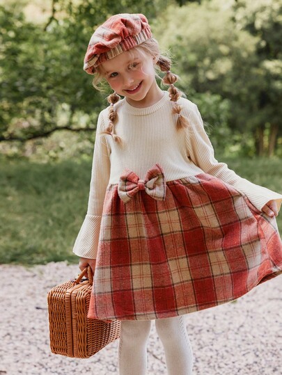 Vintaside Kids 1pc Girls Autumn Dress, 2025 New Design, Ribbed Fabric, Round Neck, Long Sleeves With Bell Cuffs, Plaid Fitted Hem, Cute & Versatile Princess Dress + Beret Hat Fall Winter