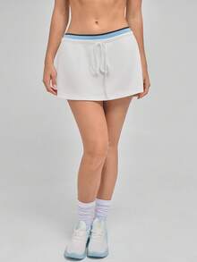Menodora SHEIN Sport Women's Sporty Layered White Shorts, Soft Stretch Fabric, High Waist With Contrast Ribbed Band, Adjustable Tie, Built-In Inner Shorts For Comfort And Coverage - White - View 5
