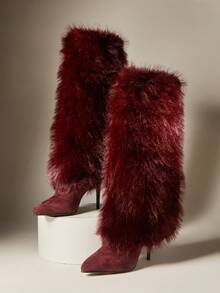 SHUZIA Sepatu Boot Stiletto Hak Tinggi Berbulu Imitasi Warna Burgundy untuk Wanita Seksi, Ujung Lancip, Setinggi Lutut, Cocok untuk Musim Gugur, Musim Dingin, dan Liburan Natal. - Burgundy - View 7