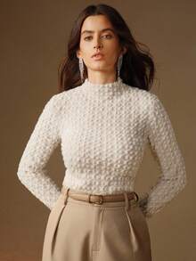 Anewsta Elegante blusa de gola alta com renda flocada para mulheres, top de alta qualidade para outono/inverno