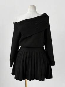 Sunspun Autumn/Winter Fashion Asymmetric Off-Shoulder Solid Color Waist Pleated Dress - Black - View 2