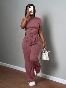 Slaydiva 2025 New Women's Casual Solid Color Round Neck Slim Short Sleeve T-Shirt And Drawstring Waist Straight Pants Two Pieces Set, Spring And Summer, Brown, Suitable For Music Festivals, Easter, St. Patrick, Daily Outings, Parties, Graduation Season, Sports And Leisure,Daily Basic , Back To School, Party