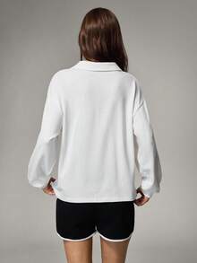 Hanevo Women's Solid Color Drop Shoulder Long Sleeve Polo Neck Sweatshirt, Autumn/Winter - White - View 2