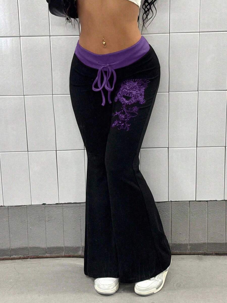 StreetHx 女式撞色拼布印花喇叭裤 - 紫色 - 查看 1