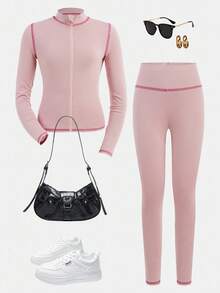 SHEIN Tween Girls Casual Colorblock Pipping Solid Pink Yoga Sports Fitted Zip-Up Stand Collar Knit Stretchy Comfortable Solid Top Long Sleeve Jacket And High Waist Leggings Set, Back To School Outfit, Casual Daily Wear, Airport Outfit, Sporty Style,  Mommy And Me Outfits Teen Girl Matching Set Teen Girl Two Piece Set - Pink - View 2