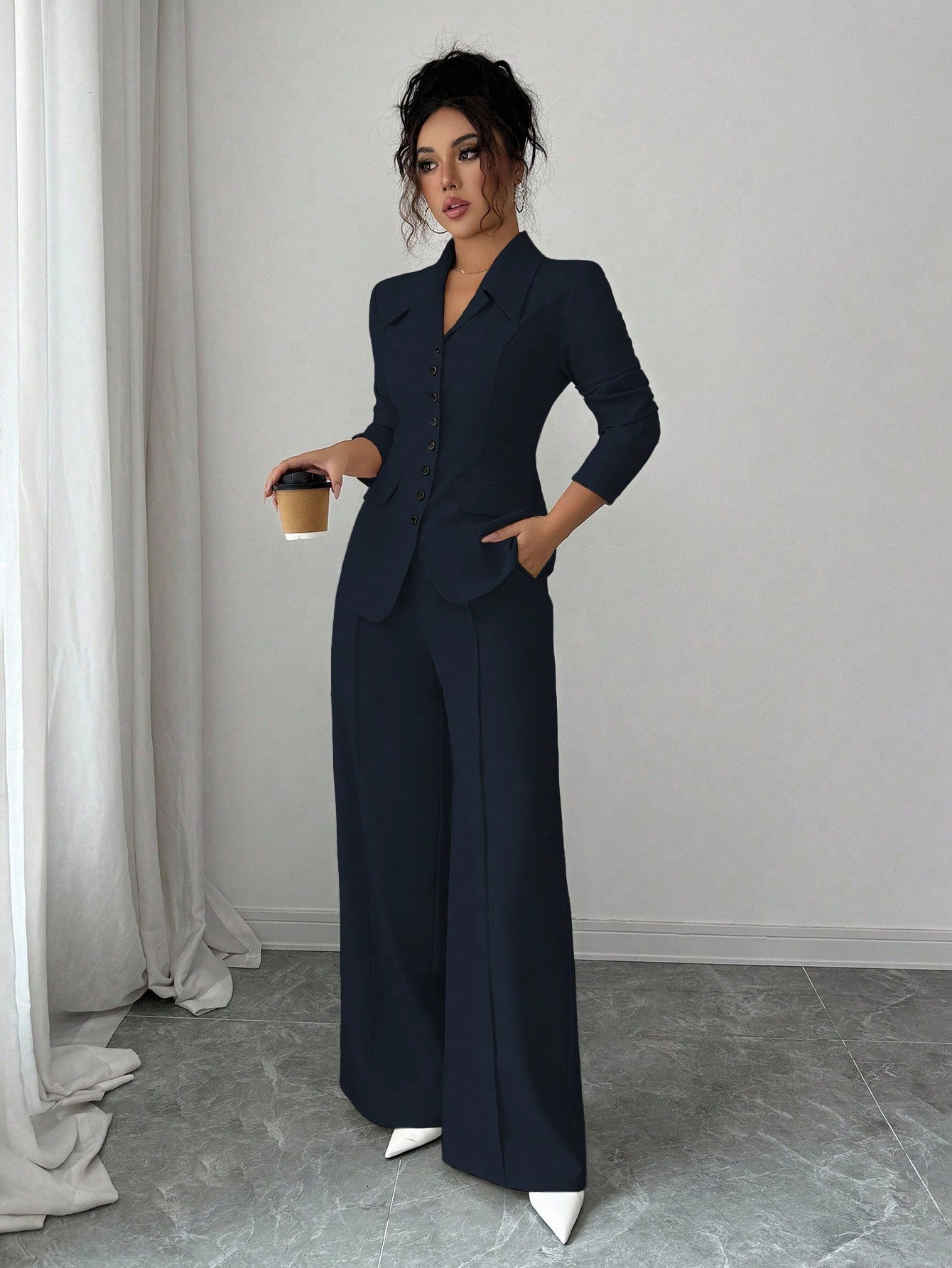 Elenzga بدلة نسائية من قماش سميك بياقة على شكل حرف...