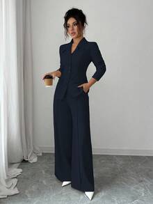 Elenzga بدلة نسائية من قماش سميك بياقة على شكل حرف V باللون المشمشي، مزينة بأزرار تباين باللون الأسود وجيوب وهمية، بتصميم بدلة معلم أنيقة واحترافية، مناسبة لأجواء وعيد الهالوين، موضة خريفية جديدة، بنطلون واسع بخصر مشدود وساق مستقيمة، طقم قطعتين - أزرق بحري - مشاهدة 7