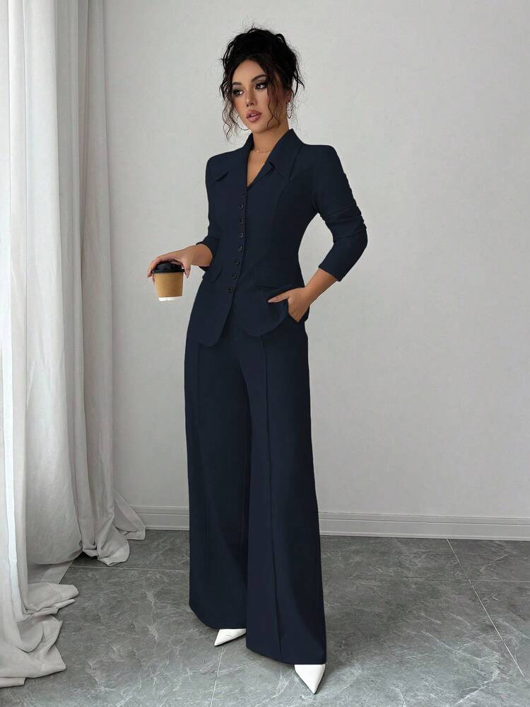 Elenzga بدلة نسائية من قماش سميك بياقة على شكل حرف V باللون المشمشي، مزينة بأزرار تباين باللون الأسود وجيوب وهمية، بتصميم بدلة معلم أنيقة واحترافية، مناسبة لأجواء وعيد الهالوين، موضة خريفية جديدة، بنطلون واسع بخصر مشدود وساق مستقيمة، طقم قطعتين - أزرق بحري - مشاهدة 7