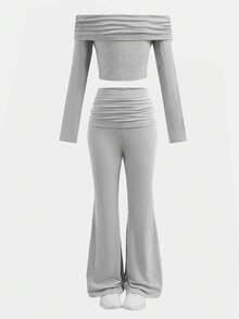 SHEIN 青少年女孩 2 件纯色浅灰色春秋露肩长袖短款上衣和喇叭裤休闲套装，适合日常穿着，适合返校