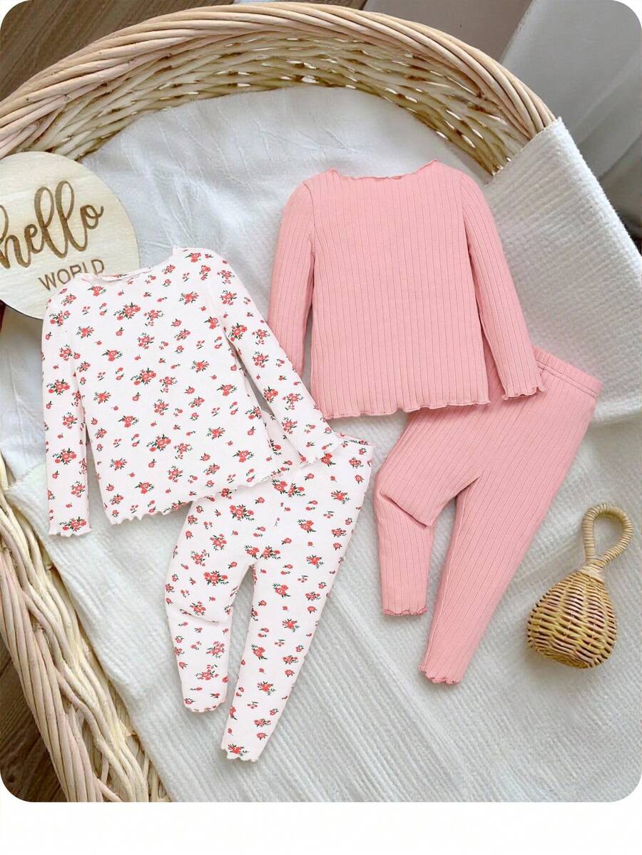 女宝宝休闲针织花卉印花长袖上衣和裤子 4 件套 - 藕粉色 - 查看 1