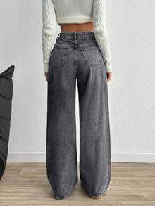 EURMUSE 高腰阔腿 Y2K 风格小码牛仔裤 - 灰色 - 查看 2