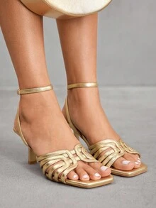 CUCCOO SZL Sandalias de tacón alto con diseño de hebilla y punta cuadrada minimalista para mujer, color dorado - Dorado - Ver 7