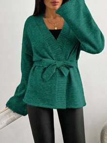 SHEIN Áo khoác cardigan dệt kim dài tay trễ vai màu trơn dành cho nữ, mùa thu - Màu xanh lá cây đậm - Xem 5