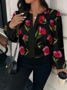 SHEIN Clasi Camisa de manga larga con estampado floral elegante y casual, adecuada para atuendos de primavera y otoño de talla grande