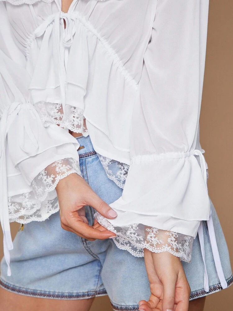 WESTFADE Top Babydoll com Decote em V de Chiffon e Renda de Crochê, Laço na Frente, Babados em Camadas, Manga Longa, Estilo Fofo para Outono, Inverno, Casual, Boho, Estilo Country - Branco - Visão 5