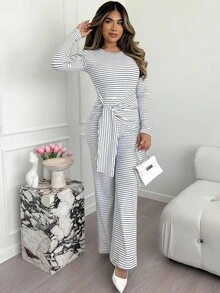 Xyvia Macacão longo feminino, listrado, justo, com cintura fina e dupla face, elegante e confortável para festas e uso diário, outono/inverno