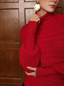 SHEIN LUNE Jersey elegante para mujer, hecho de lana suave, con cuello alto y silueta de murciélago, adecuado para fiestas de Navidad, ir al trabajo, otoño/invierno - Rojo - Ver 5