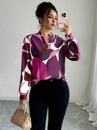 Elenzga חולצת קז'ואל עם צווארון V וצווארון V בצבע גיאומטרי לנשים