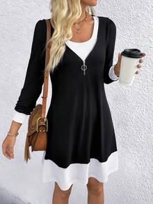 EMERY ROSE 女式泡泡袖方领优雅短款连衣裙 - 黑色 - 查看 6