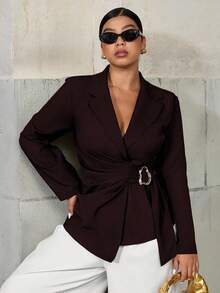 Easura Fashionable Casual Waist-Cinched Elegant Commuter Asymmetric Golden Button Blazer - Burgundy - View 6