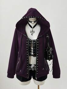 Sunspun Plus Size Fashionable Dark Punk Style Rivet Decor Hooded Long Sleeve Sweatshirt Jacket - Purple - View 1