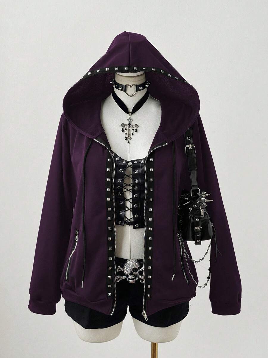 Sunspun Plus Size Fashionable Dark Punk Style Rivet Decor Hooded Long Sleeve Sweatshirt Jacket - Purple - View 1