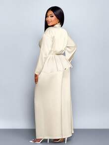 SOLERSUN Ensemble femme grande taille, couleur unie, élégant, col V, manches longues, satin, ourlet asymétrique chemise et pantalon droit jambe large, élégant, deux pièces, décontracté, ample, polyvalent pour tous les jours