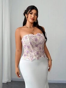 Elenzga Top bustier de encaje floral de talla grande, moda ajustada para vacaciones - Blanco - Ver 3
