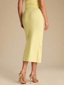 Enchnt Women's Yellow Sparkle Floral Rhinestone Knitted Pencil Long Knit Skirt,Elegant Party Chic Autumn Fall/Winter Fashionable For Vacation&Date&Wedding - Yellow - View 8